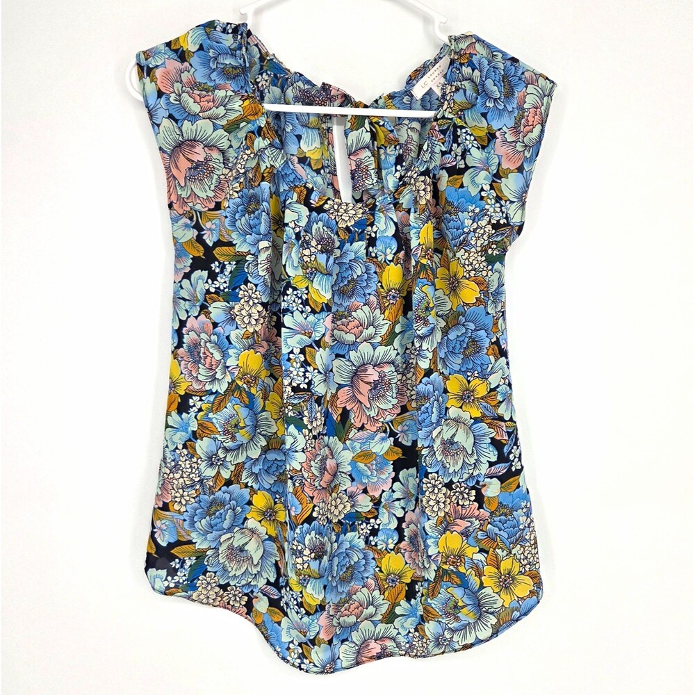 Lauren Conrad Womens Floral Chiffon Blouse Tie Neck Ruffle Cap Sleeve XS Dainty